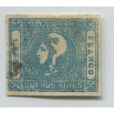 ARGENTINA 1859 GJ 17A ESTAMPILLA VARIEDAD COLOR AZUL VERDOSO, MUY RARO Y DE LUJO U$ 140